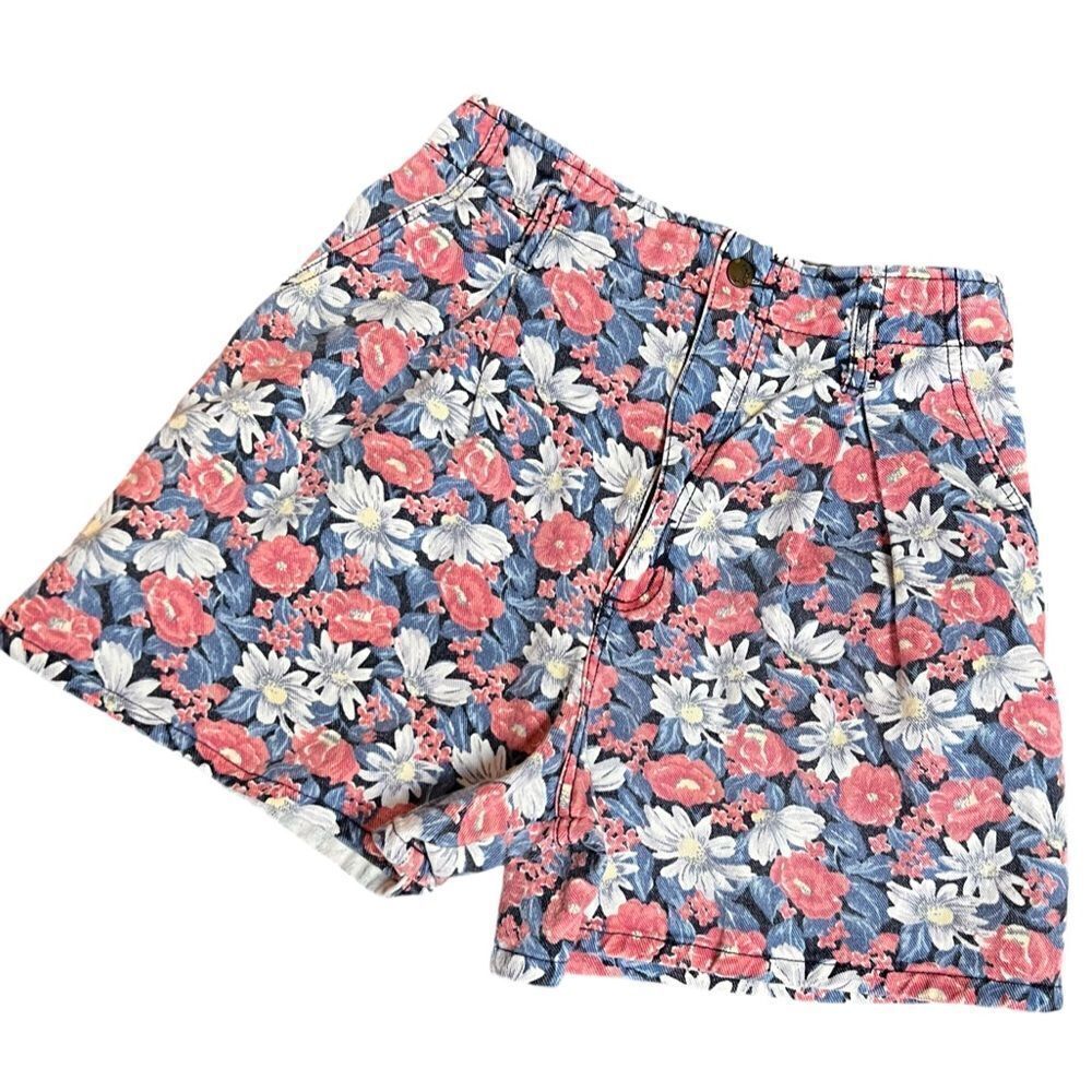 Super Rad Vintage Peak 90s Girl Multicolor Flower High Waisted Denim Mom Shorts